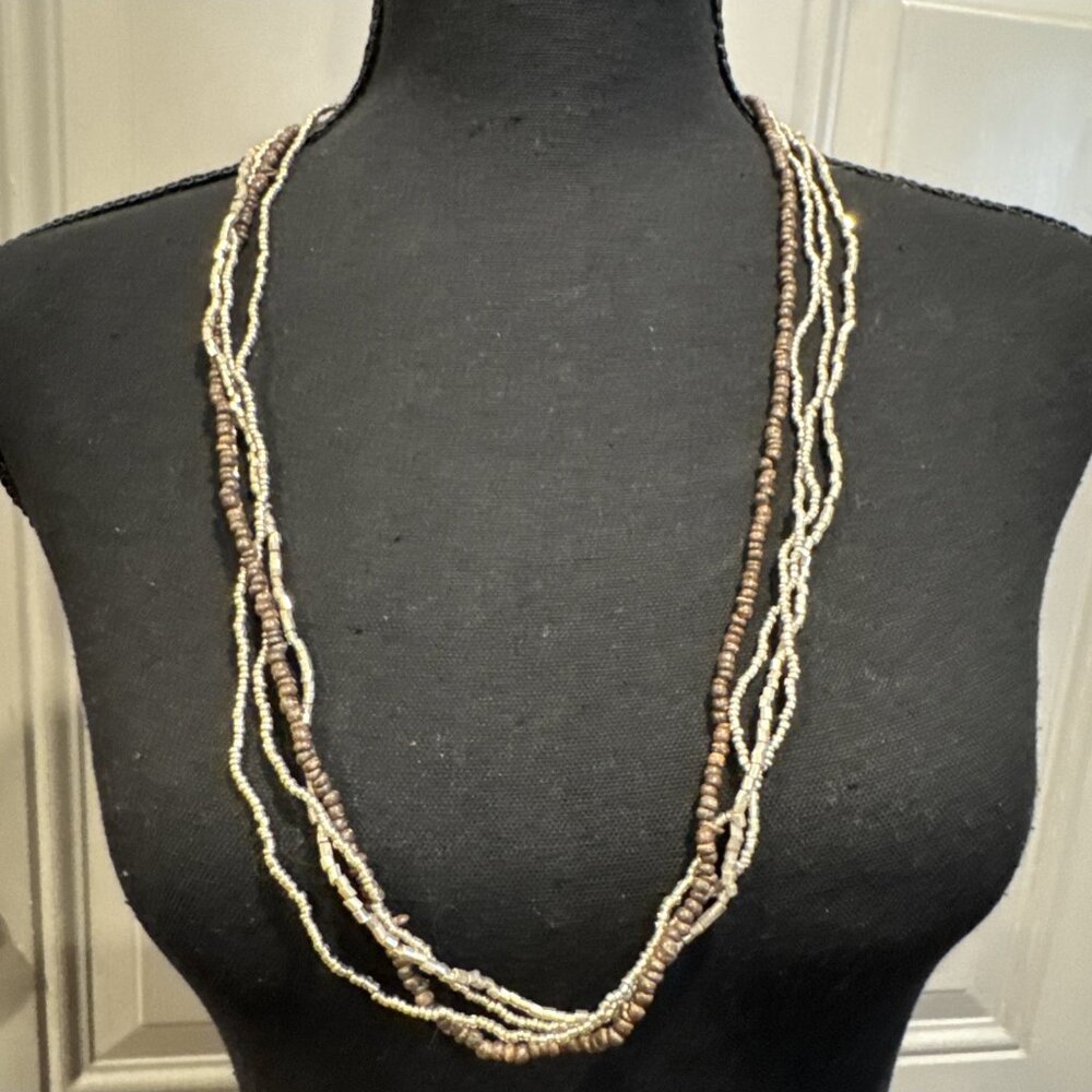 NEW Seed Bead Multi Layer Gold Tone Brown Multistrand Beaded Necklace 15" Drop